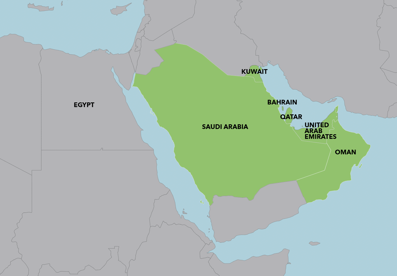 Figure 2: Map showing Egypt in relation to the Gulf countries, illustrated in green