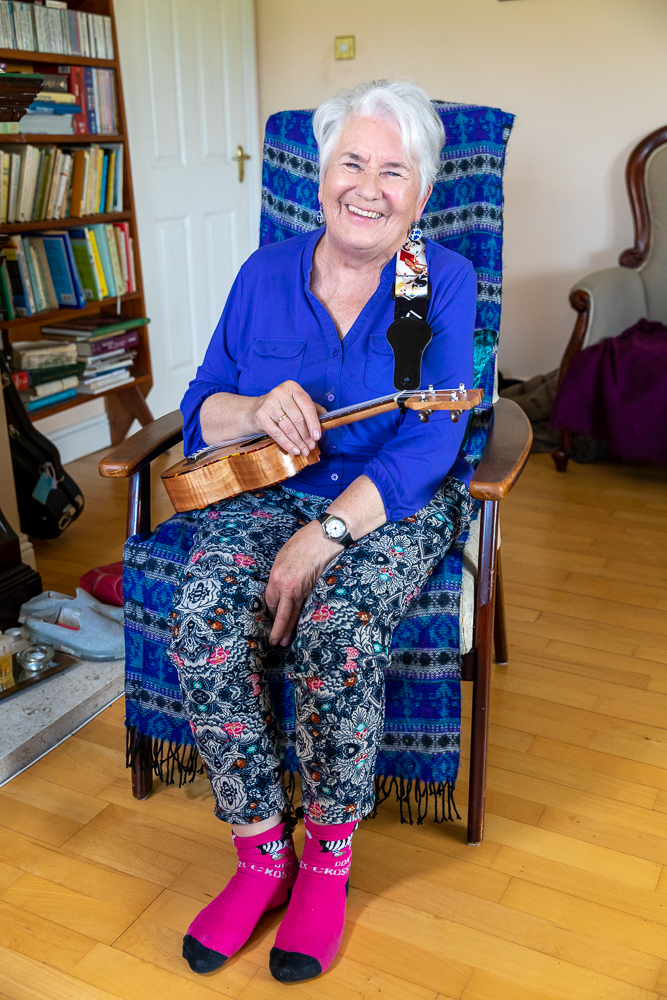 Figure 1: Much of the ethnographic research on which the book is based documented the everyday social activities of older people such as Peig, shown here, who is an avid ukulele player.