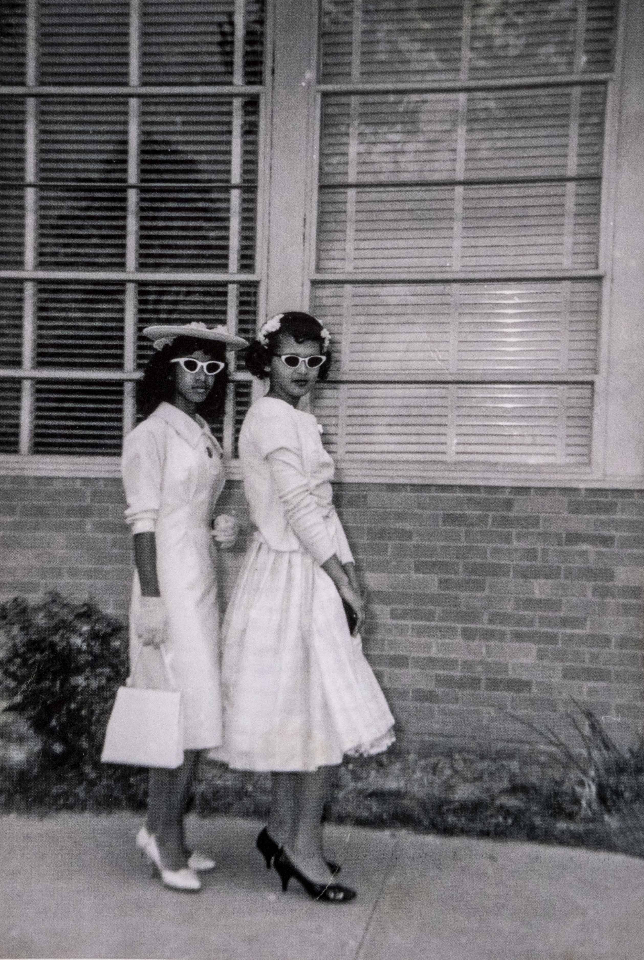 Figure 2: Ladies from Louisiana posing in front of E.J. Campbell High School, Nacogdoches County, TX, 1958