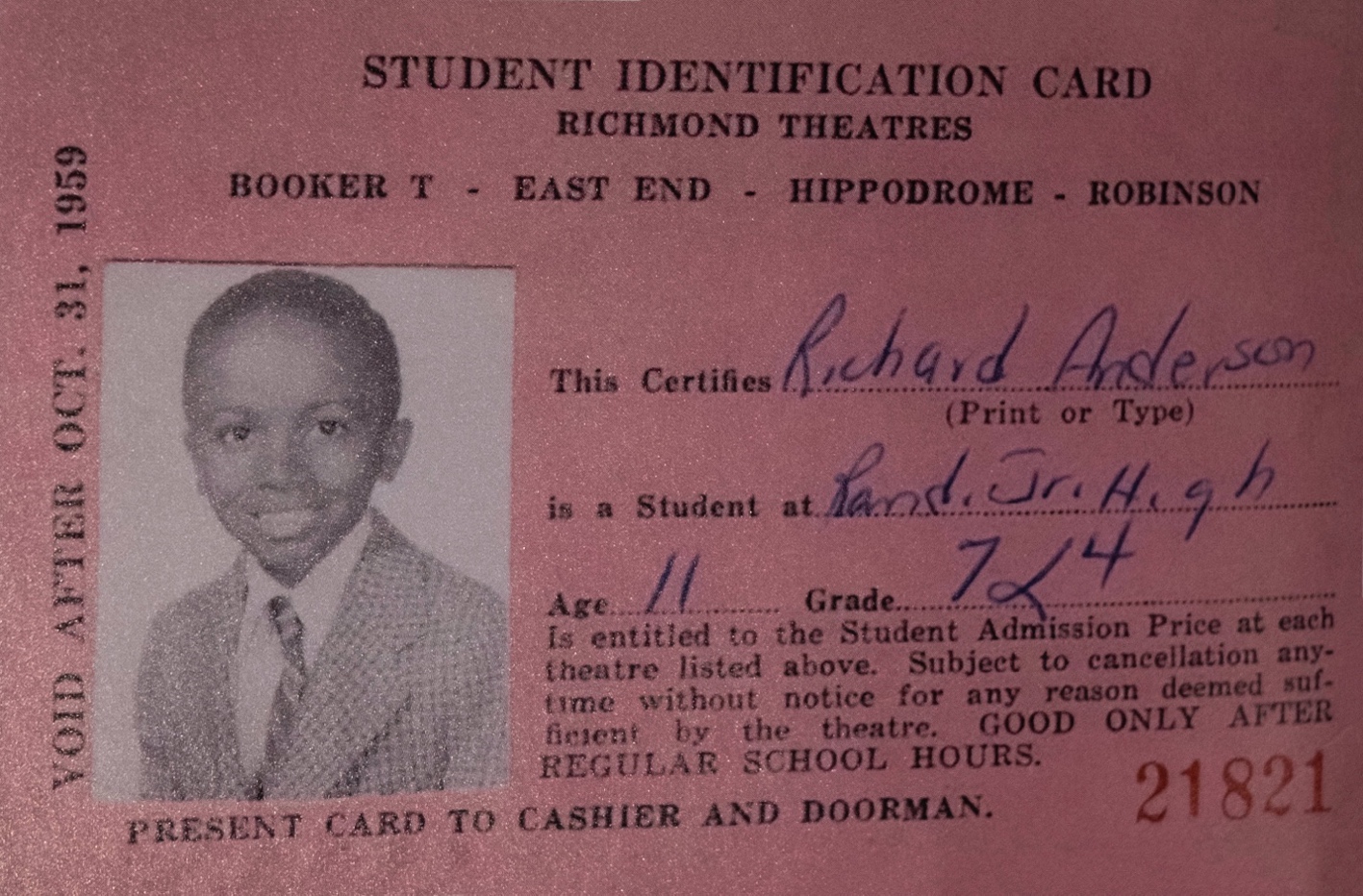 Figure 3: Richard Anderson’s Student Identification Card, Richmond VA, 1959