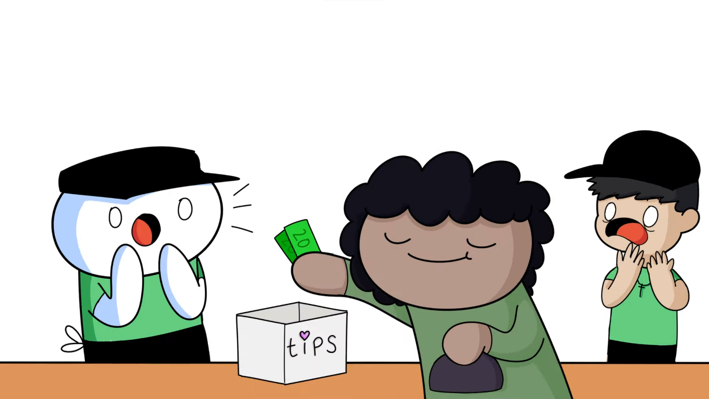 Figure 3: Two cartoon avatars hold their hands to their face in shock as a third character puts two twenty-dollar bills in a container labelled “tips” (Rallison 2016).